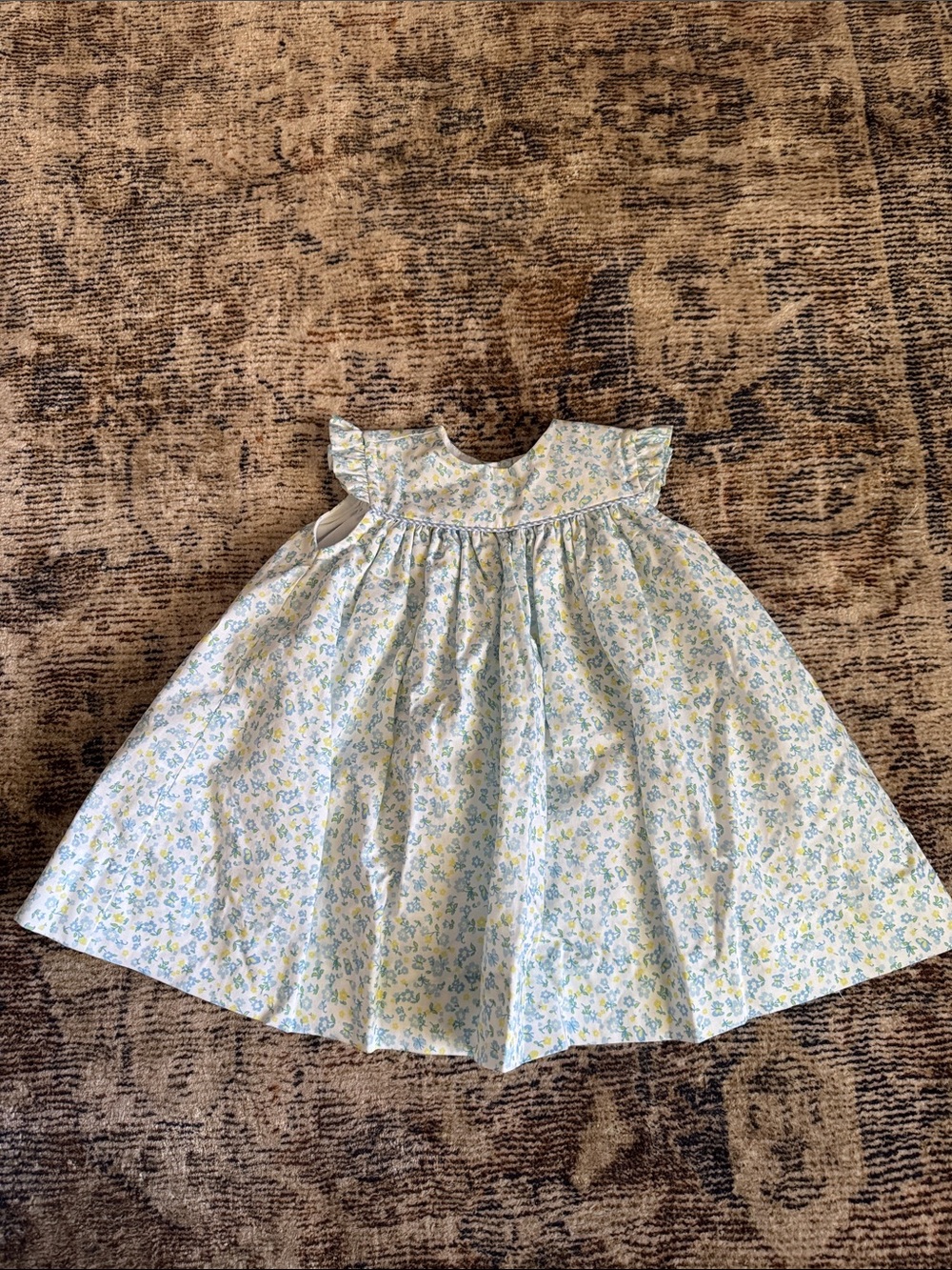 Girls Floral Cotton Dress with Ruffle Sleeves - Blue and Yellow